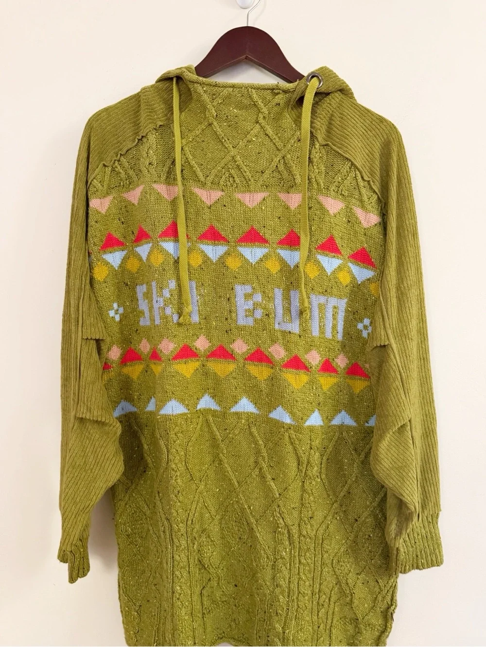 Free People Ski Bum Green Cable Knit Hooded Sweater Size Small Oversized